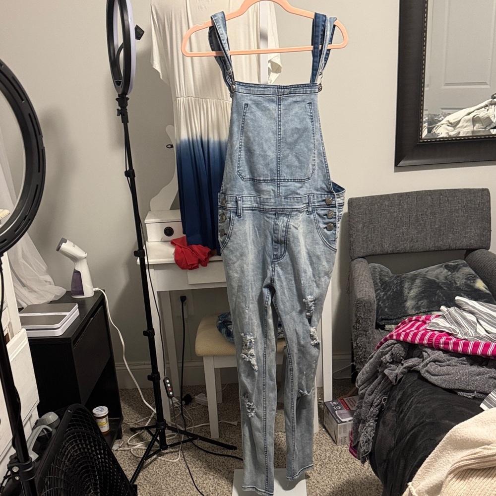 Light Wash Distressed Denim Overalls